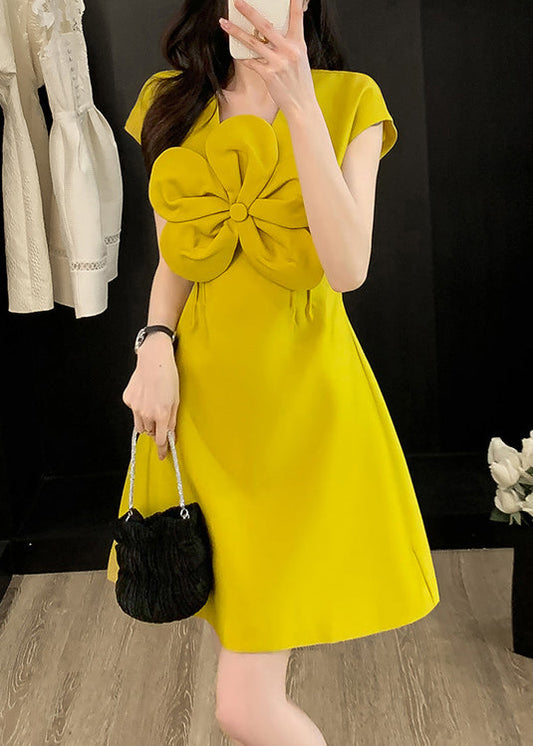 Yellow O Dress Summer Style Floral Neck Cotton Decorated