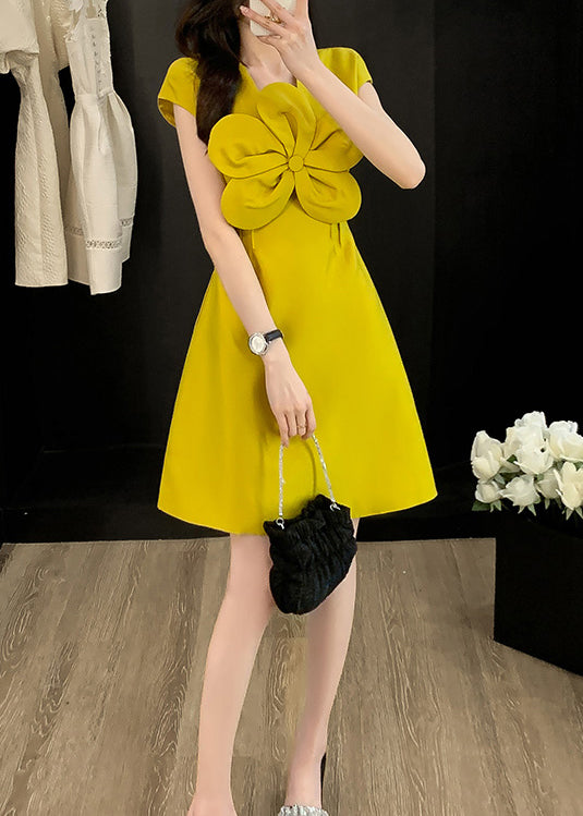 Yellow O Dress Summer Style Floral Neck Cotton Decorated