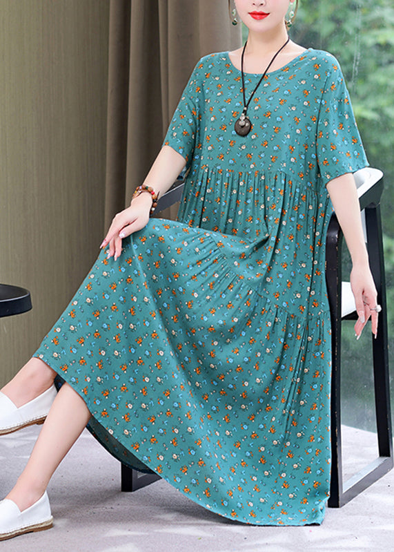 Style Yellow O-Neck Print Wrinkled Long Dress Summer GH1057