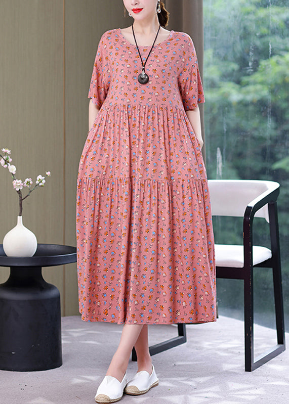 Style Yellow O-Neck Print Wrinkled Long Dress Summer GH1057