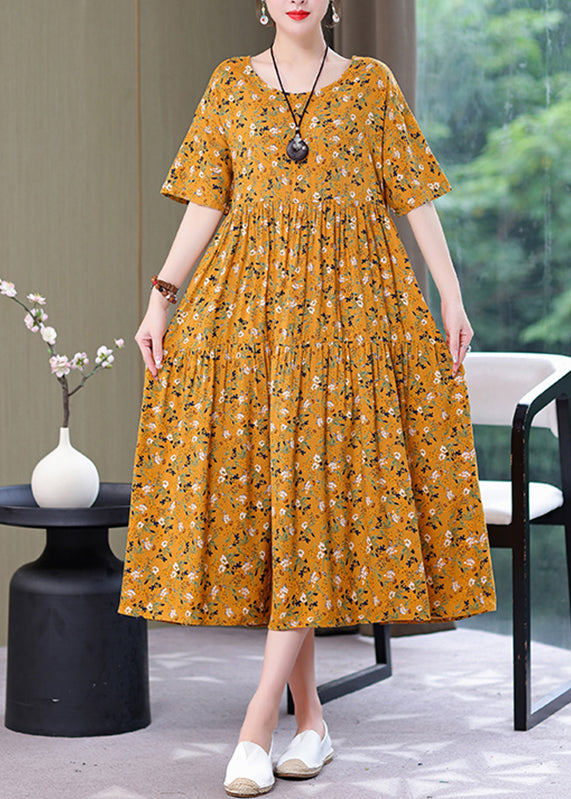 Style Yellow O-Neck Print Wrinkled Long Dress Summer GH1057