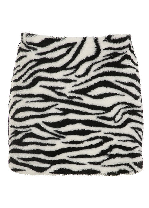 Style Zebra Pattern Black High Waist Faux Fur Skirt Spring TN021