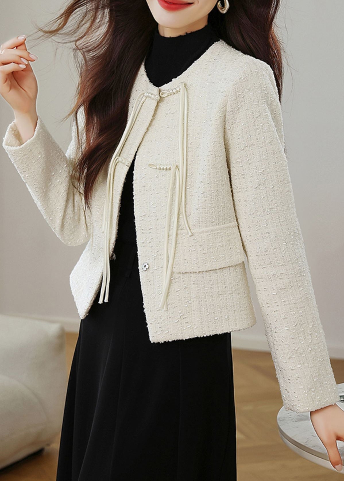 Stylish Apricot O Neck Chinese Button Cotton Coats Fall QO007