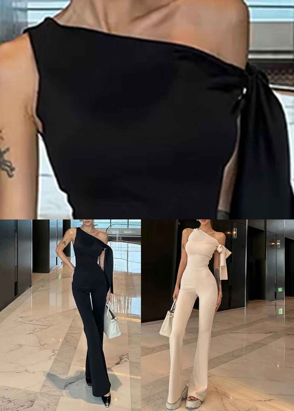 Flared Two Stylish Trousers Top Shoulder Knit Apricot And One