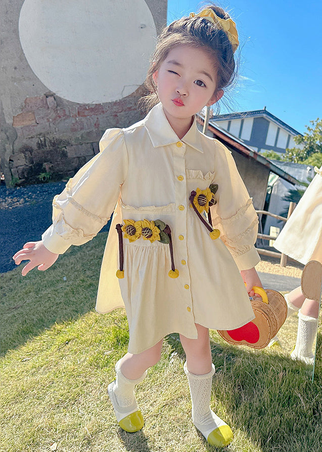 Stylish Apricot Peter Pan Collar Asymmetrical Wrinkled Floral Kids Long Shirts Dress Fall SS1055