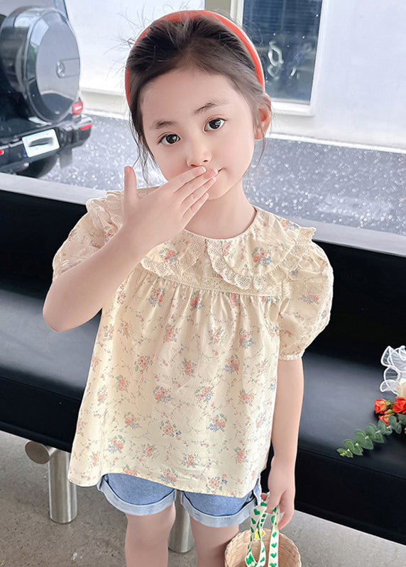 Stylish Apricot Peter Pan Collar Print Wrinkled Girls Top Short Sleeve SS1015