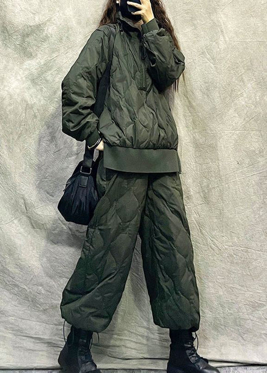 Stylish Army Green Fine Cotton Filled Two Piece Set Outfits Winter RU034