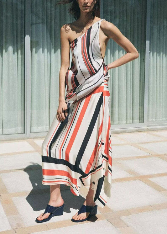 Set Two Design Summer Asymmetrical Silk Stylish Striped Pieces