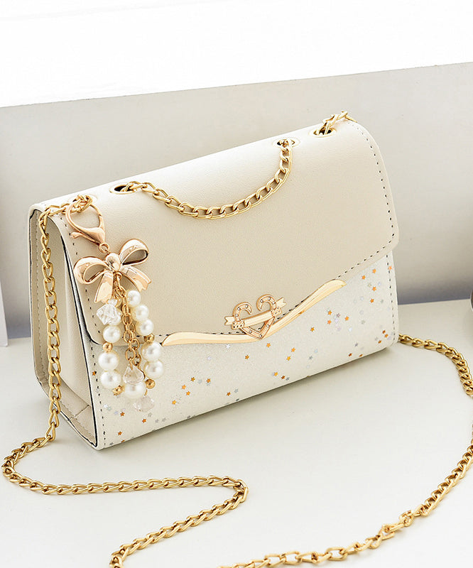 Stylish Bag Faux Chain Linked Flap Beige Leather