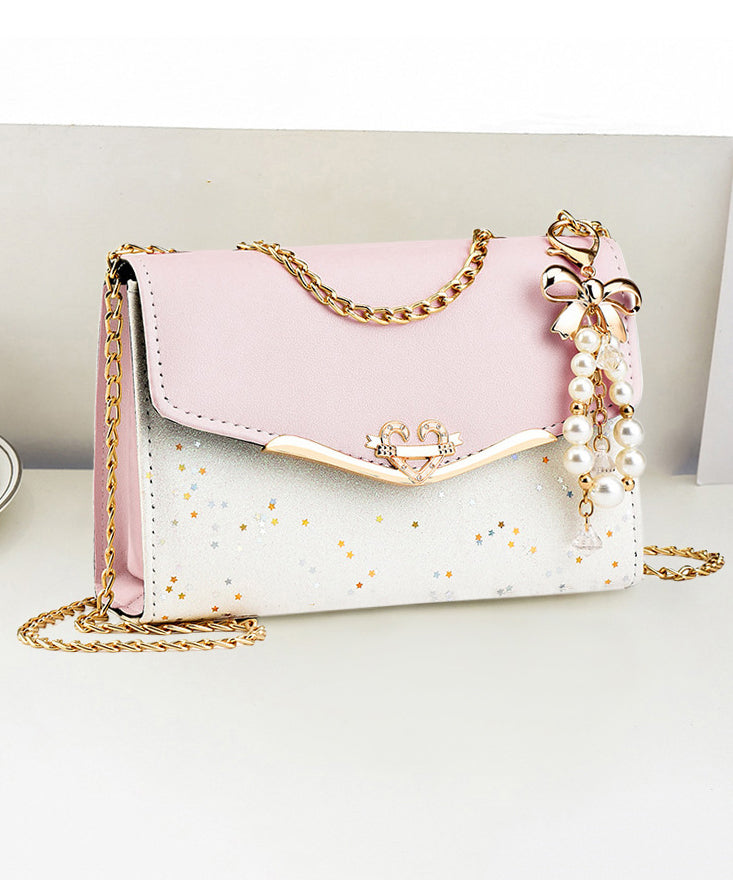 Stylish Bag Faux Chain Linked Flap Beige Leather