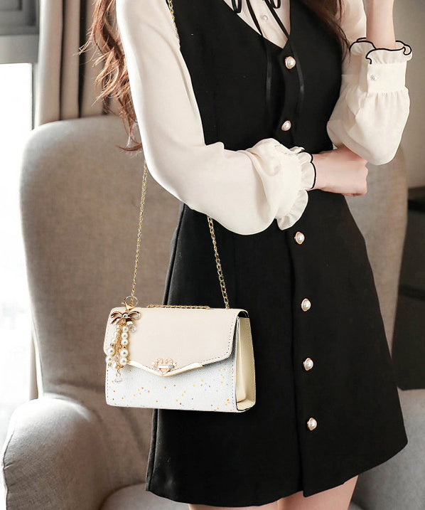 Stylish Bag Faux Chain Linked Flap Beige Leather