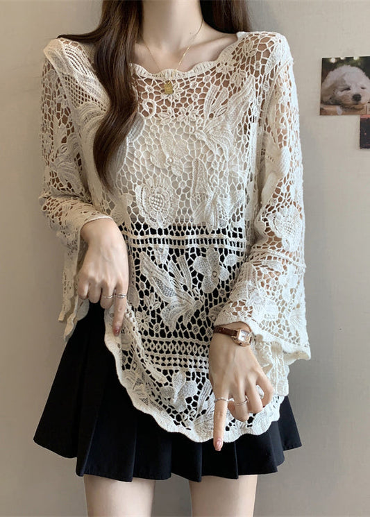 Out Summer Stylish Tops Knit Beige Hollow Lace