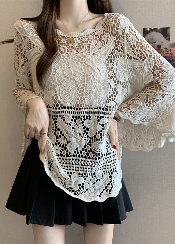 Out Summer Stylish Tops Knit Beige Hollow Lace