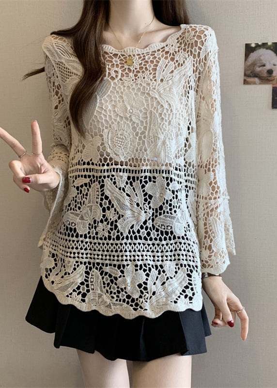 Out Summer Stylish Tops Knit Beige Hollow Lace
