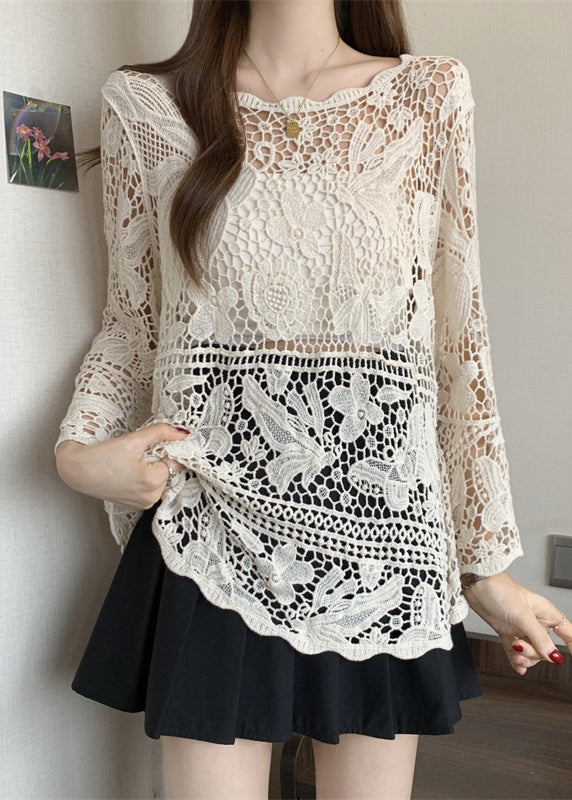 Out Summer Stylish Tops Knit Beige Hollow Lace