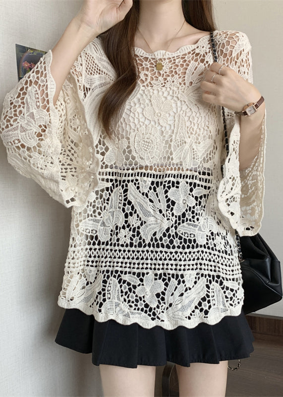 Out Summer Stylish Tops Knit Beige Hollow Lace