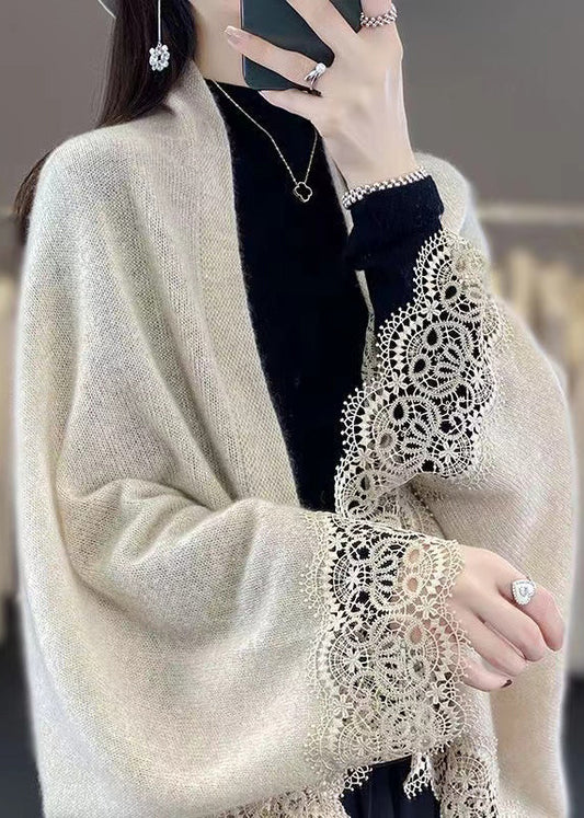 Stylish Beige Hollow Out Lace Patchwork Woolen Cardigans Fall