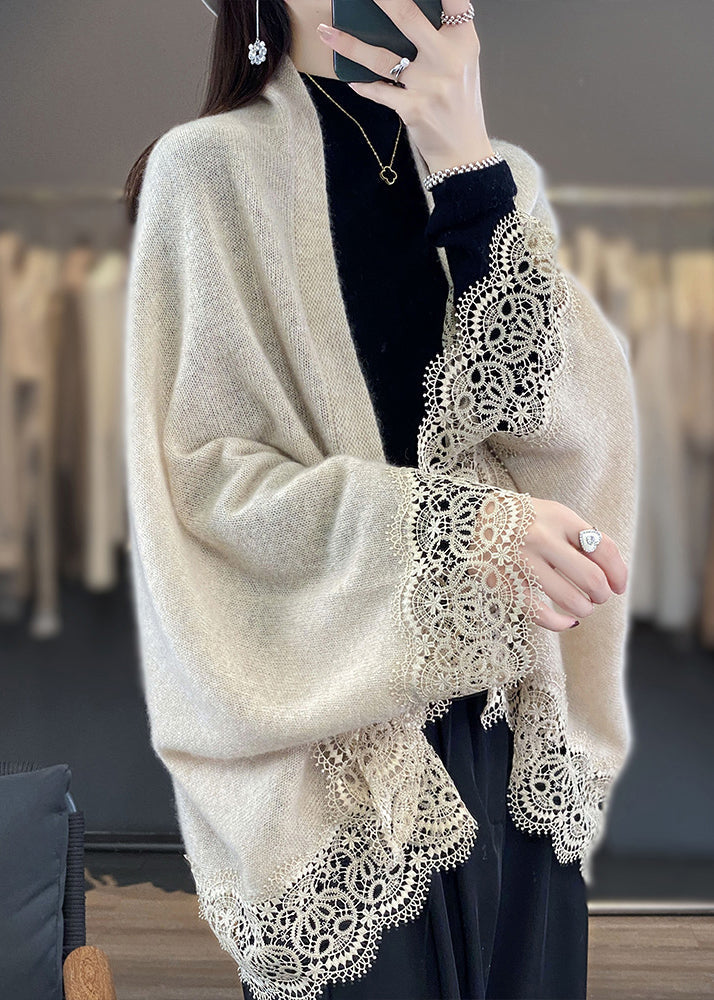 Stylish Beige Hollow Out Lace Patchwork Woolen Cardigans Fall RL011