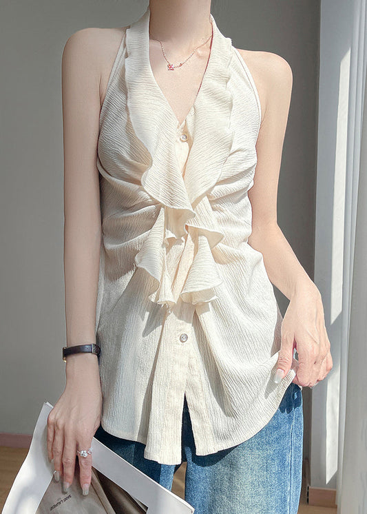 Sleeveless Cotton Beige Shirts Stylish Button Ruffled