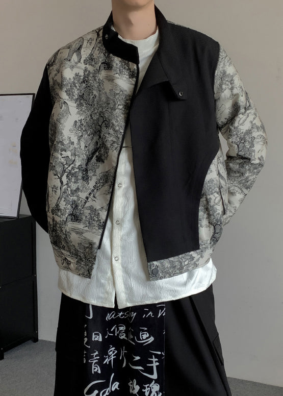 Stylish Black Asymmetrical Print Cotton Men Coat Fall RO020