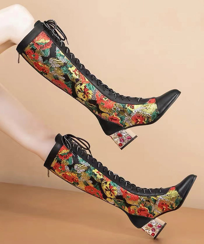 Stylish Black Boots Lace Up Print Genuine Leather Chunky Boots RT1068