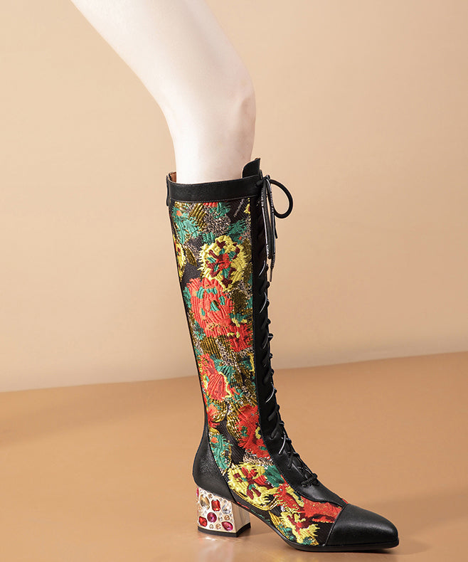 Stylish Black Boots Lace Up Print Genuine Leather Chunky Boots RT1068