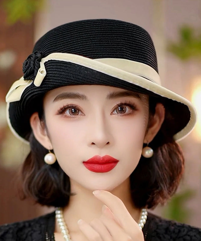 Sun Black Stylish Elegant Hat Versatile Floral Floppy
