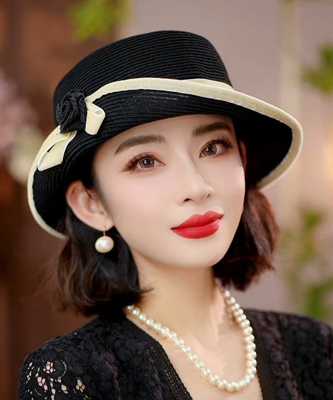 Sun Black Stylish Elegant Hat Versatile Floral Floppy