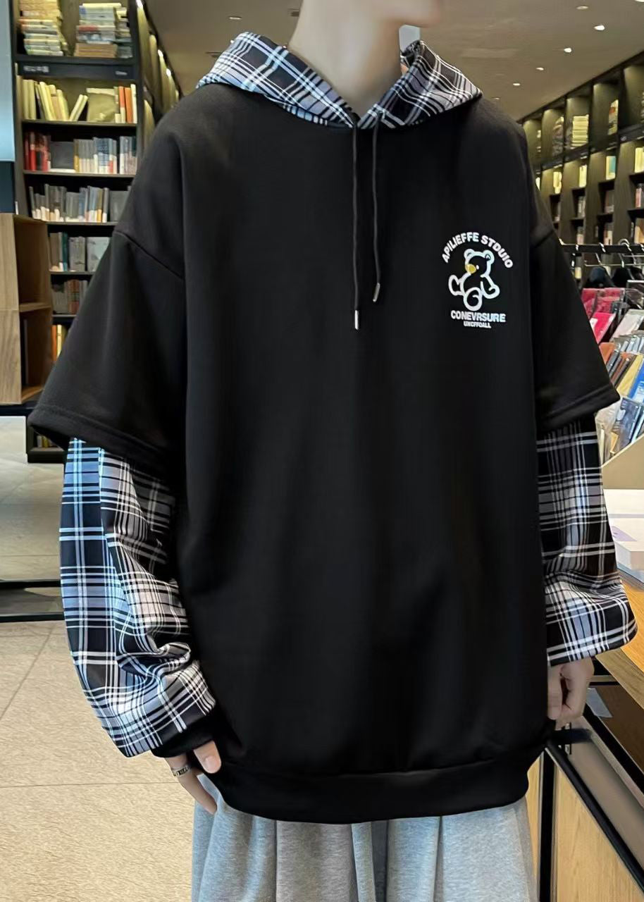 Black Hooded Spring Sweatshirts Stylish Cotton Mens Patchwork