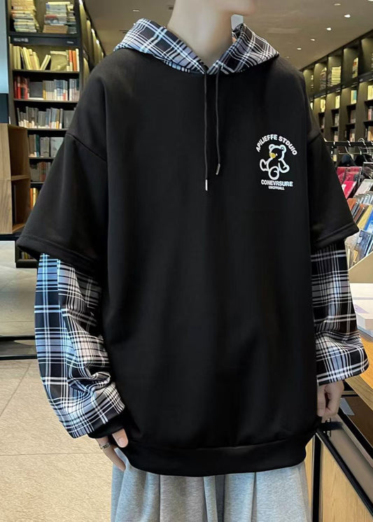 Black Hooded Spring Sweatshirts Stylish Cotton Mens Patchwork