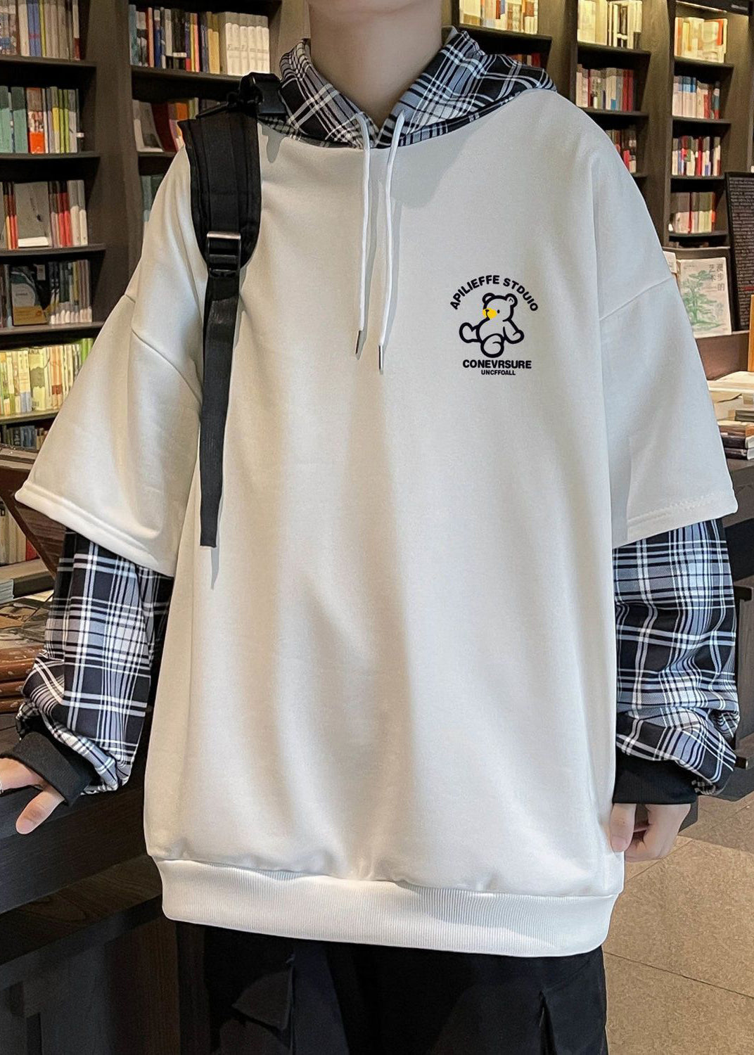 Black Hooded Spring Sweatshirts Stylish Cotton Mens Patchwork