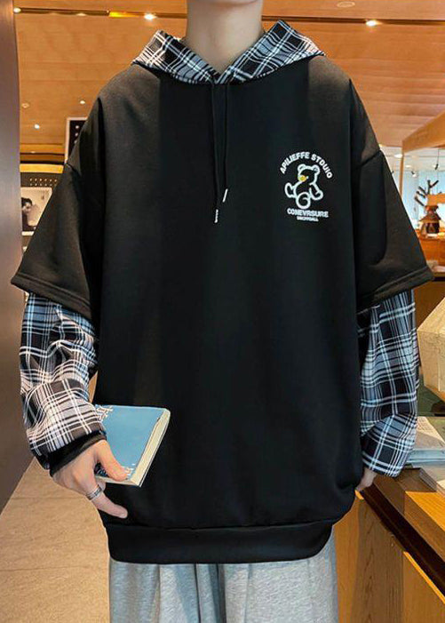 Black Hooded Spring Sweatshirts Stylish Cotton Mens Patchwork