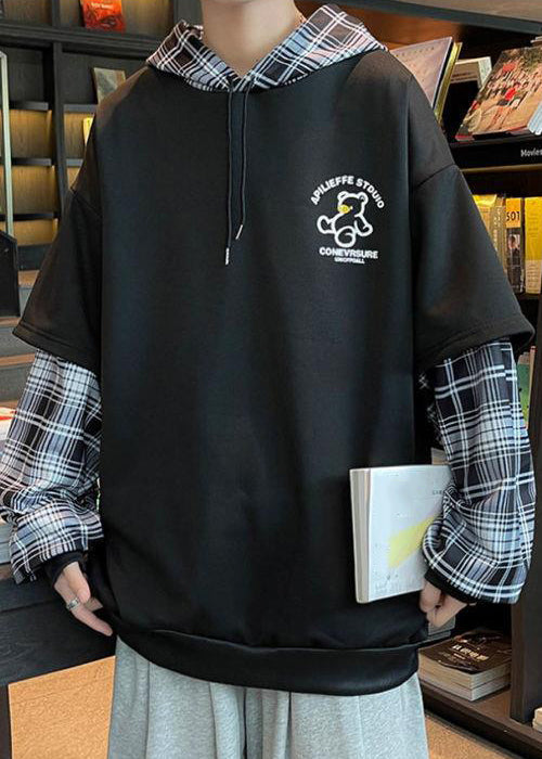 Black Hooded Spring Sweatshirts Stylish Cotton Mens Patchwork