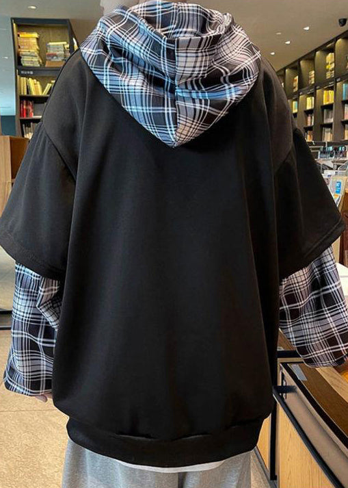 Black Hooded Spring Sweatshirts Stylish Cotton Mens Patchwork