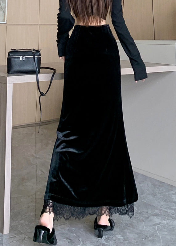 Patchwork Skirts Spring Silk Black Lace Velvet Stylish