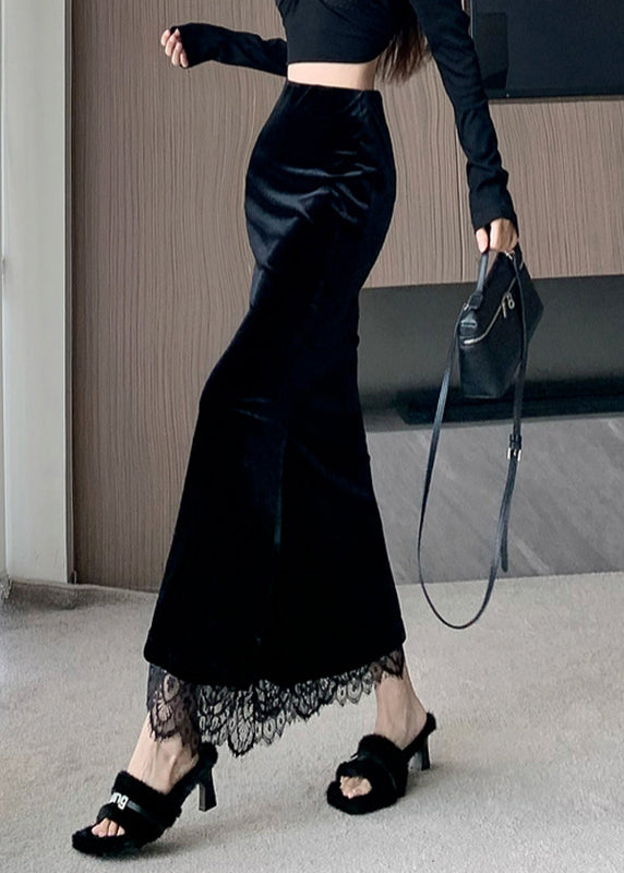 Patchwork Skirts Spring Silk Black Lace Velvet Stylish