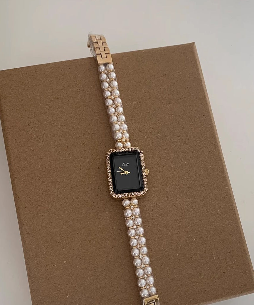 Stylish Black Metal Square Chain Pearl Watch YI049