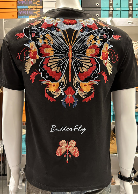 Black Embroideried Shirt Mens Summer Stylish O-Neck T