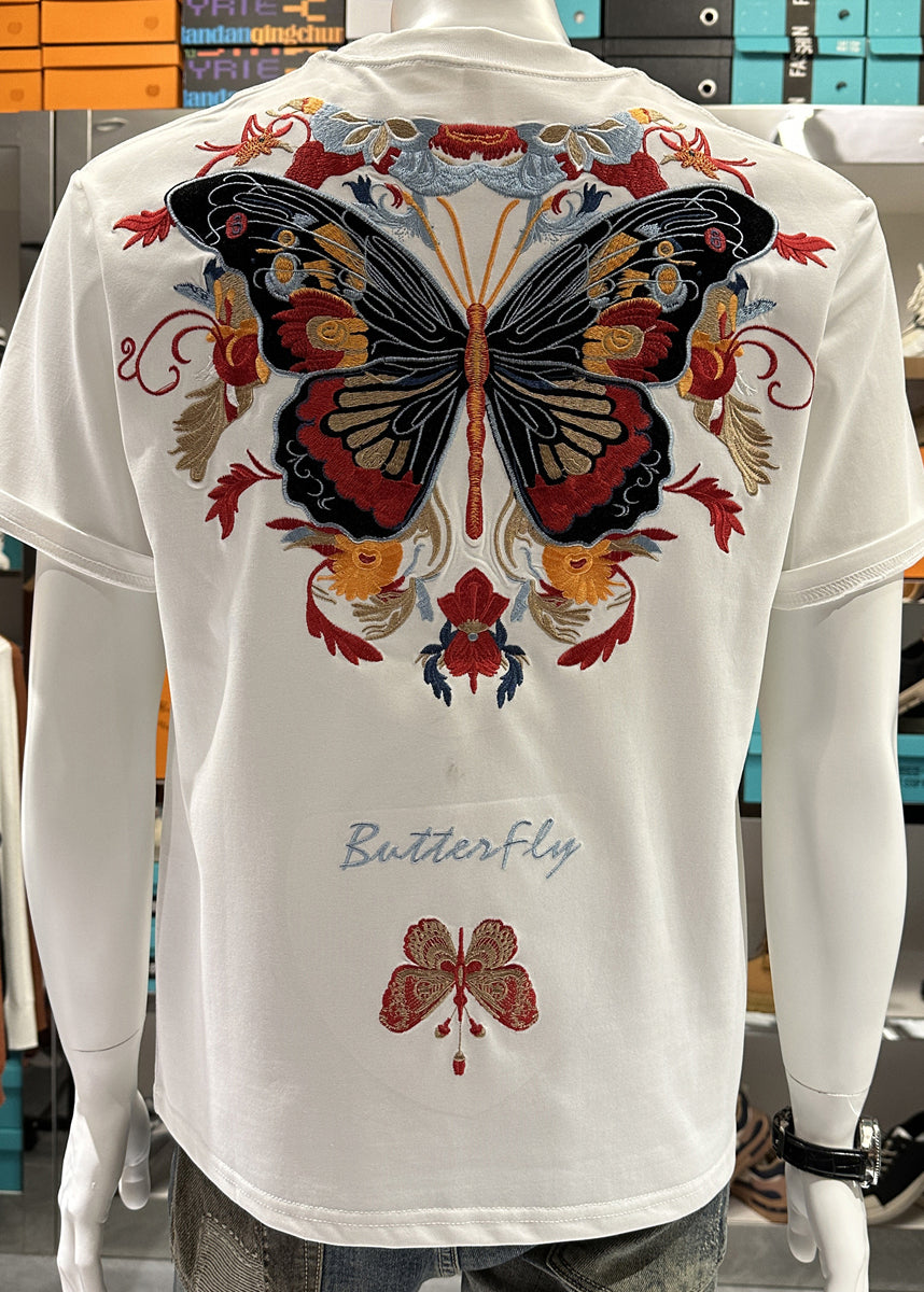 Black Embroideried Shirt Mens Summer Stylish O-Neck T