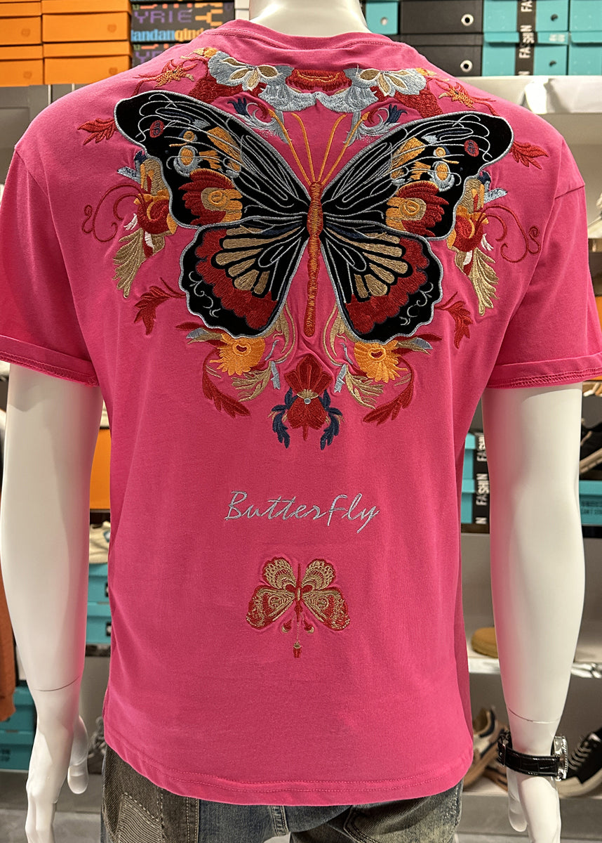 Black Embroideried Shirt Mens Summer Stylish O-Neck T