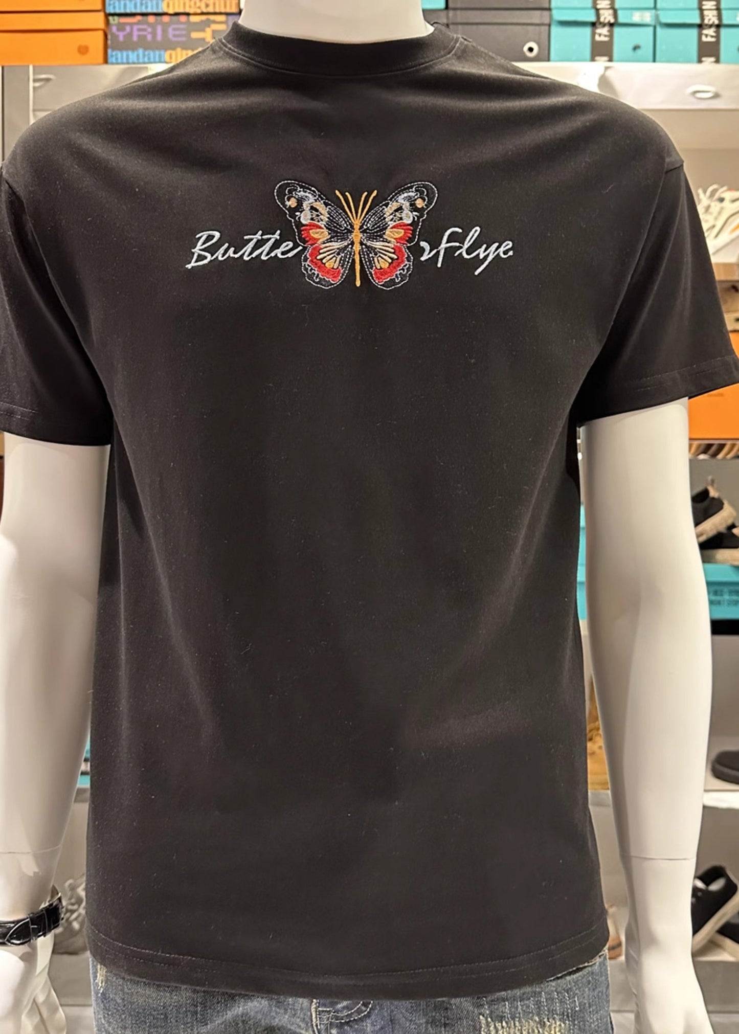 Black Embroideried Shirt Mens Summer Stylish O-Neck T