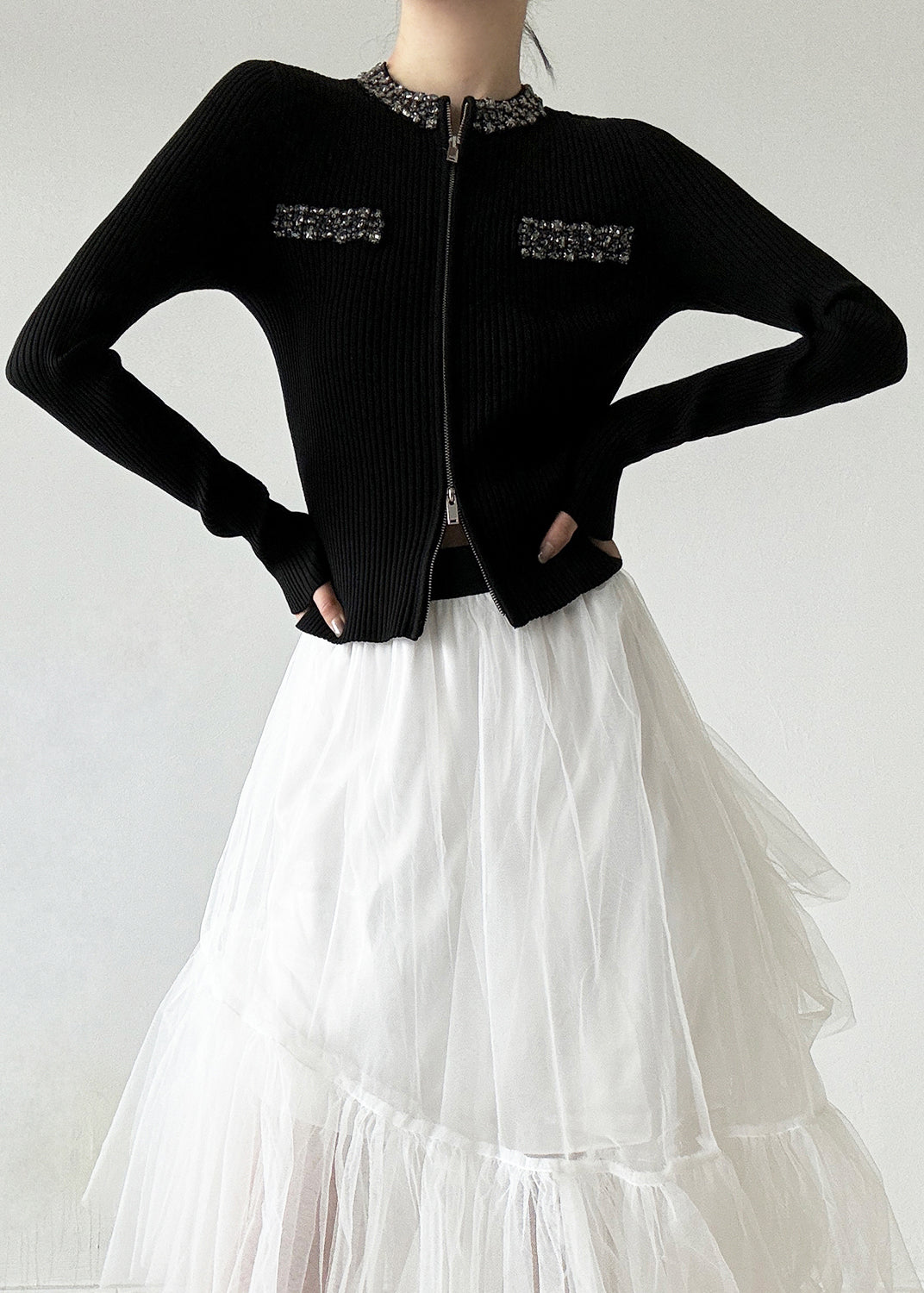 Stylish Black O-Neck Zip Up Zircon Wool Cardigans Spring TY003