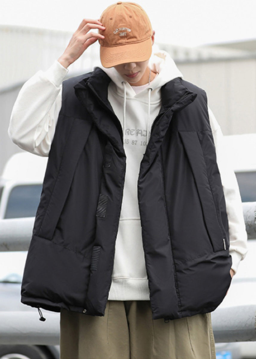 Stylish Black Oversized Drawstring Fine Cotton Filled Men Puffer Vests Winter TK023