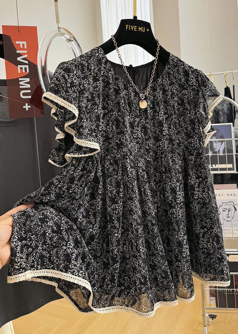 Print Stylish Chiffon Sleeve Tanks Butterfly Black