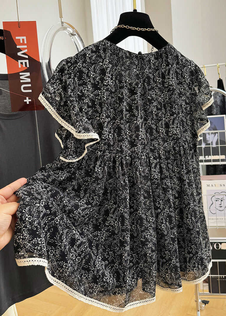 Print Stylish Chiffon Sleeve Tanks Butterfly Black