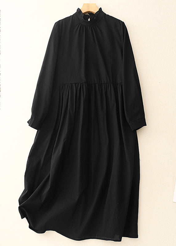 Black Long Dress Stylish Ruffled Spring Cotton