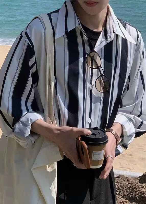 Shirts Striped Cotton Men Button Stylish Spring Black