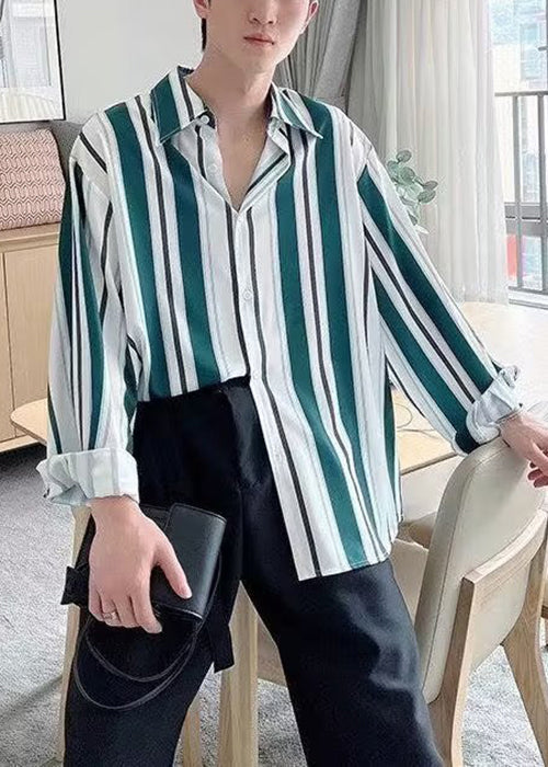Shirts Striped Cotton Men Button Stylish Spring Black
