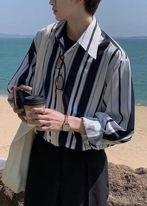 Shirts Striped Cotton Men Button Stylish Spring Black