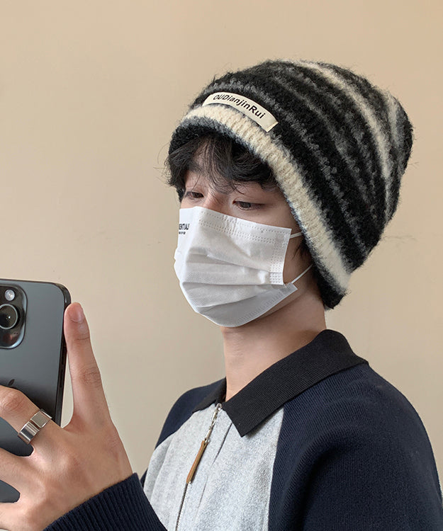 Stylish Black Striped Cotton Knit Men Bonnie Hat TK032